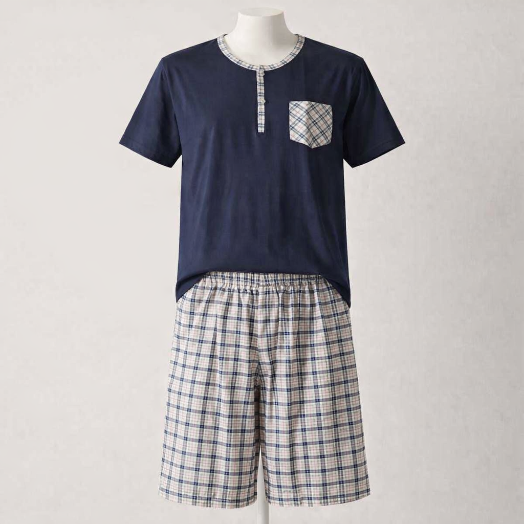 Conjunto de Pijama Curto de Xadrez para Homem
