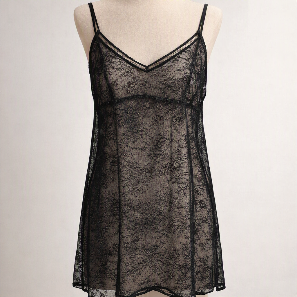 Black Sheer Floral Lace Slip Dress